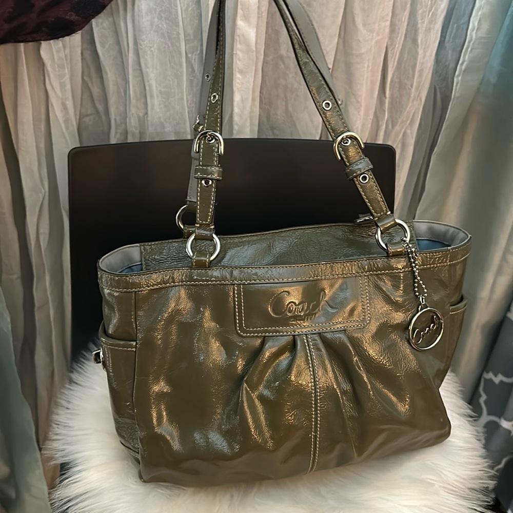 Coach Olive Green Patent Leather East West Gallery Pleated Tote Shoulder Bag